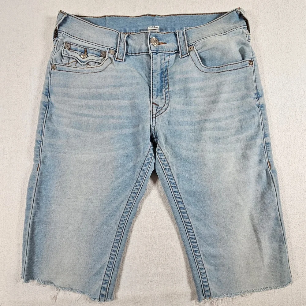 True Religion Denim Shorts Mens 33 Light Blue Section Skinny Raw Hem Horseshoe